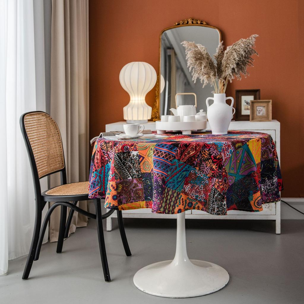 Round Ethnic Tablecloth Multicolor Stitching Printed Christmas Dining Table Cloth For Home Garden Tea Party Decor
