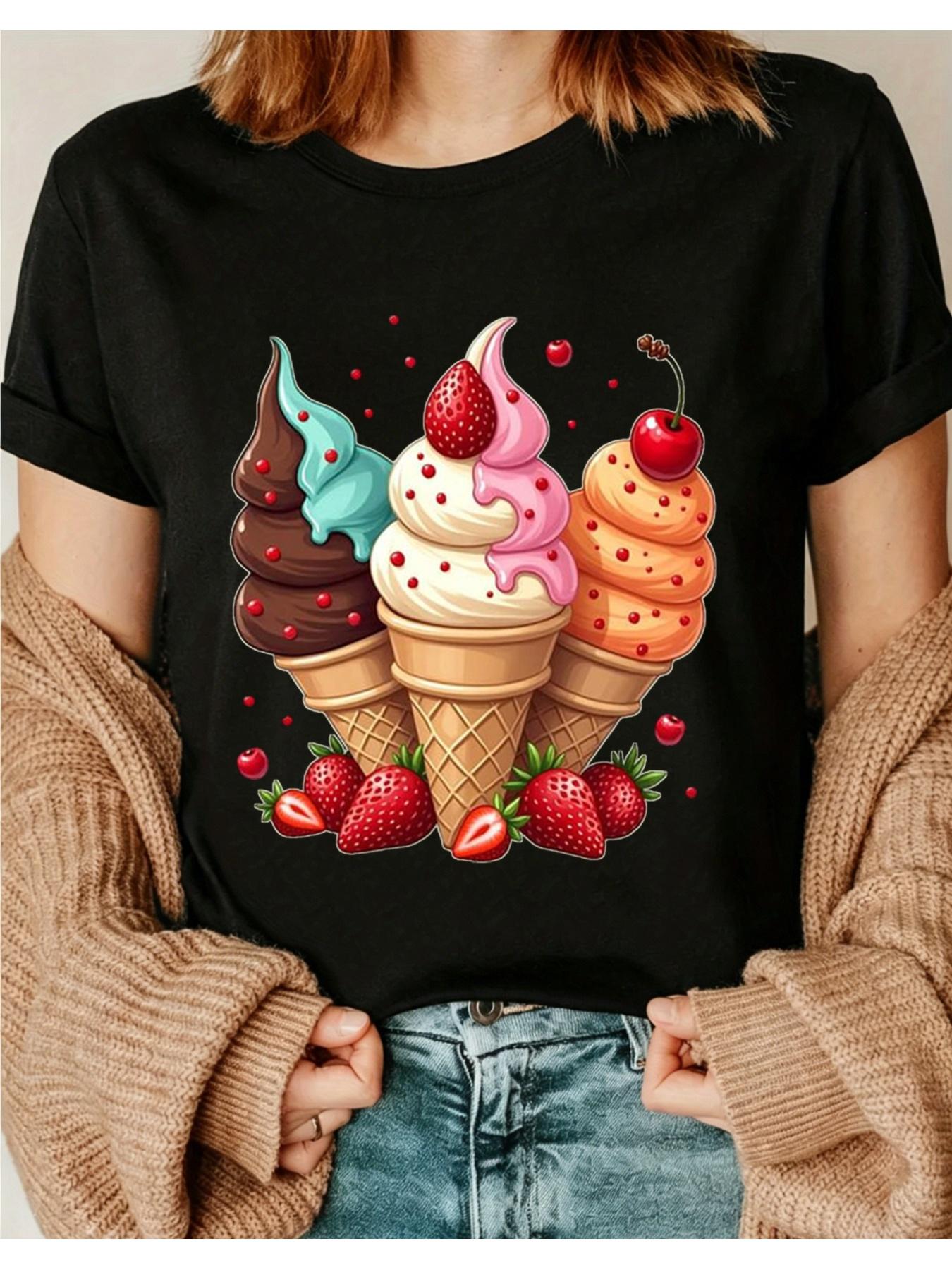 Polyester 100% Sweet and Energetic Summer Ice Cream, Large-sized T-shirt for Ladies, Printed with Fruits Like Strawberries Cherries S