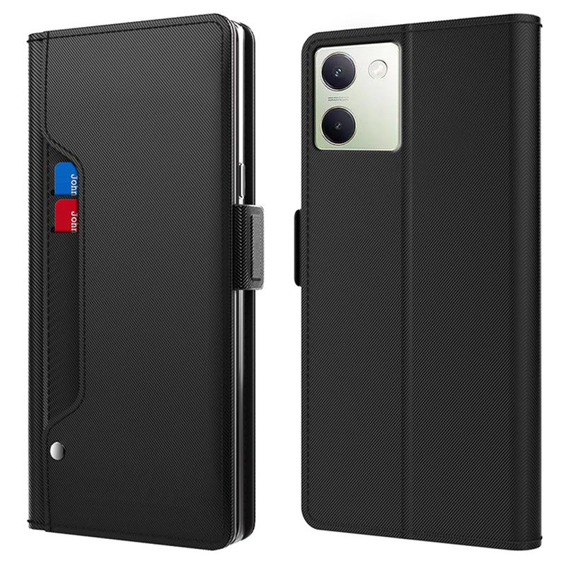 

For vivo Y200 Pro 5G Case Card Slots PU Leather Phone Cover Inside Makeup Mirror Black