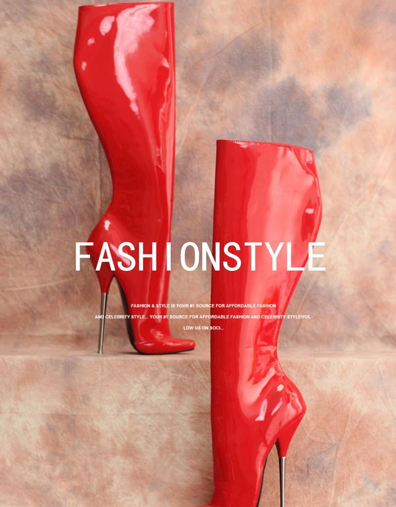 Fashion FHC 2025 New Metal Heel 18CM,Women Knee High Boots,Fetish Ballet Dancing Shoes,Men Cosplay Botas,Side Zip,Red,Customized Color