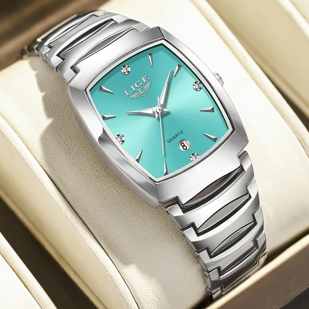 LIGE Elegante Damenuhr Mode Quadratisches Zifferblatt Wasserdichte Quarz-Armbanduhr Luxus Edelstahl Kalender Klassische Damenuhren