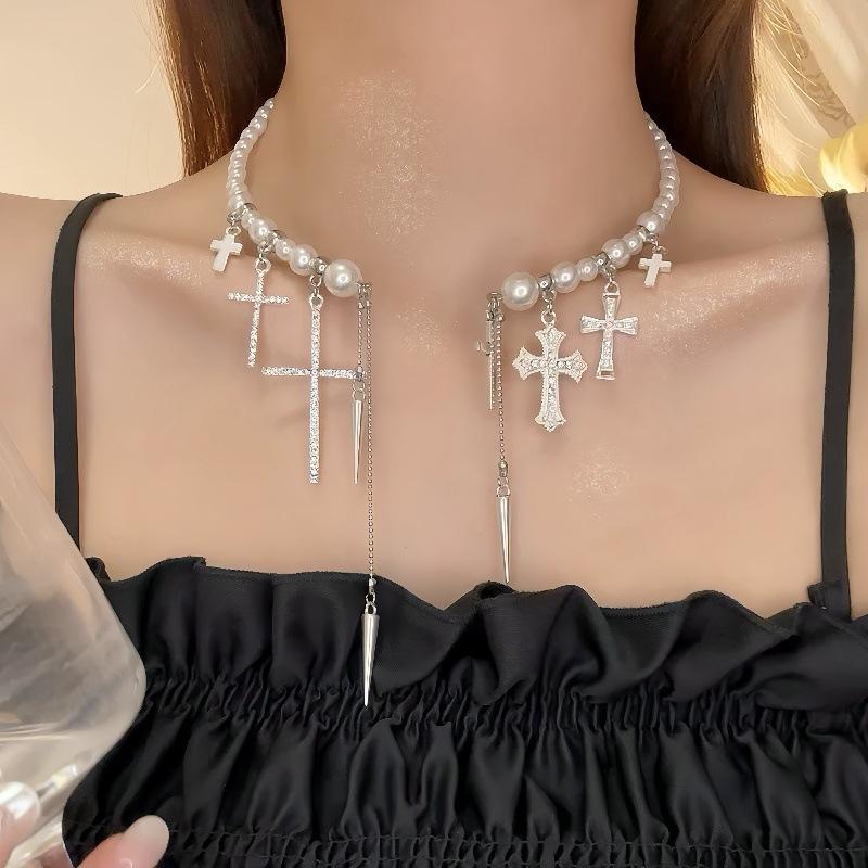Gothic Cross Layered Pearl Diamond Necklaces Personalized Charm Necklaces Silver Chains Orthodox Cross Jewellery For Woman Statement Necklaces