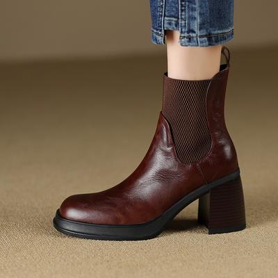 Vera pelle retrò punta rotonda fascia elastica suola spessa tacco alto 2025 nuovi stivali corti neri donna scarpe Chelsea stivaletti alla caviglia