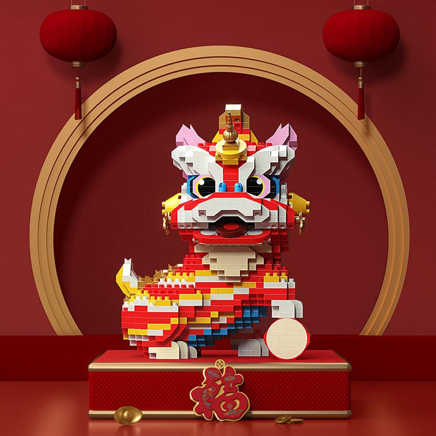 Non-Toxic Chinese Style Lion Dance Micro Building Blocks Kids Diy Toys New Year Spring Festival Gifts Creative Desktop Decorations