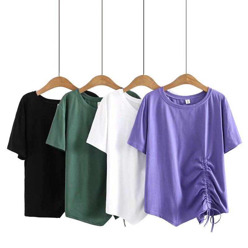 2021 Plus Size Summer Short Sleeve Women's Drawstring Irregular T-shirt, Slimming Design for 200 Jin 464