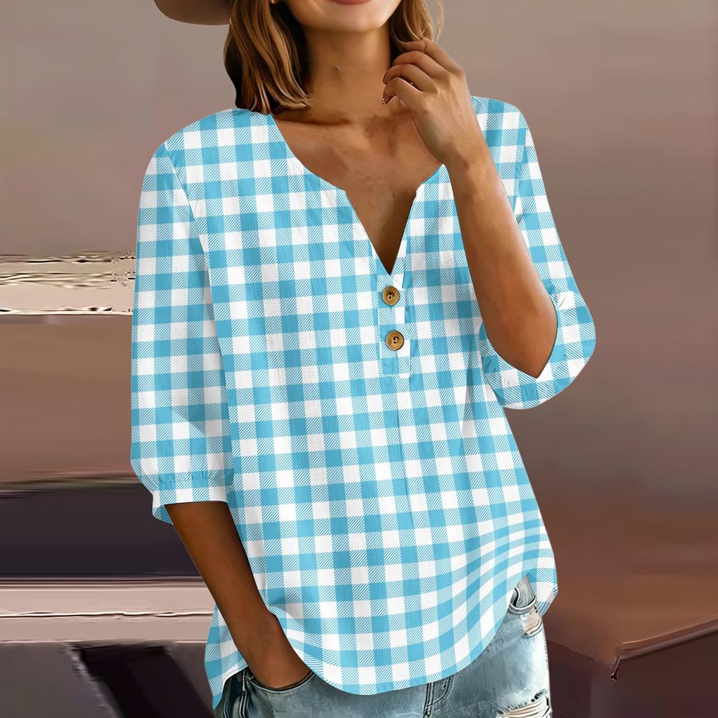Women’s Casual Plaid Print Henley Shirt Cotton Linen Three Quarter Sleeve V Neck Button Front Loose Fit Top
