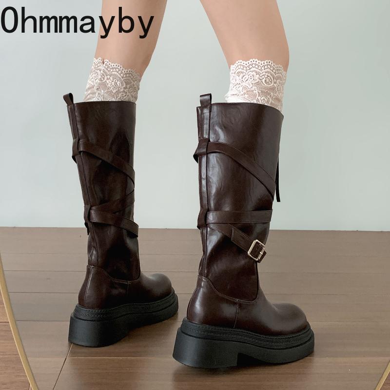 Winter Retro Platform Thick Sole Woman Knee High Top Fashion Belt Buckle Front Zipper Ladies Slim Knight Long Botas