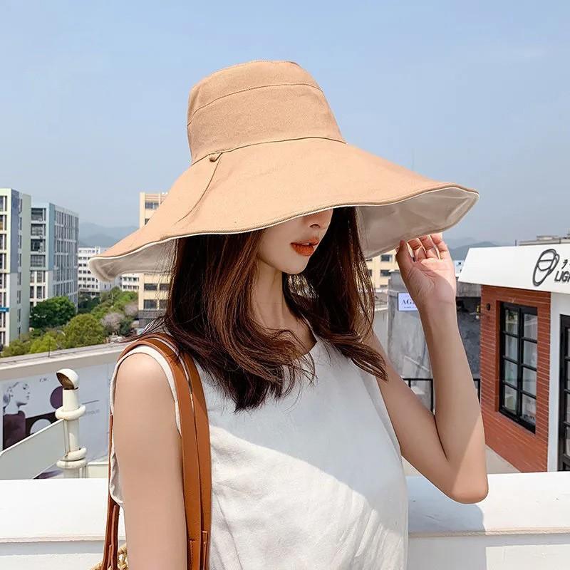 Women's large brim bucket hat UV protection face cover sun hat fashion sunshade basin hat embroidery