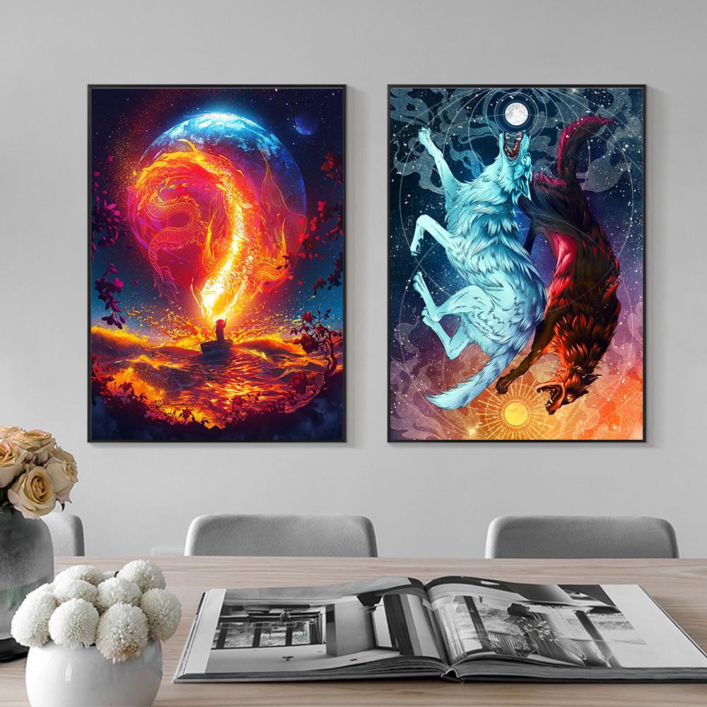 Fantasy Dragon Phoenix Wolf White Tiger Prints Poster Canvas Painting Modern Wall Art Picture For Living Room Bedroom Home Decor