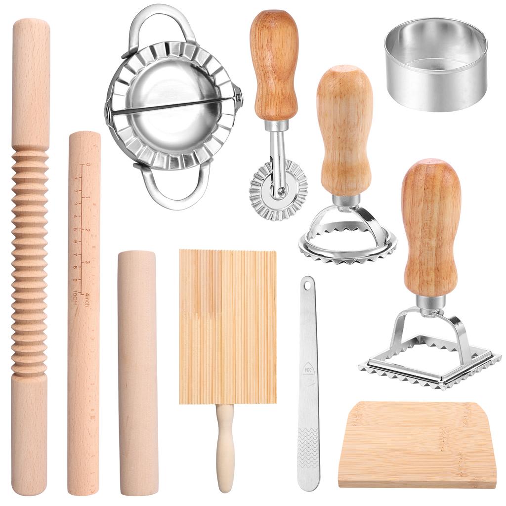 9/11Pcs Pasta Making Tools Wood Gnocchi Board Pasta Making Kit Ravioli Stamp Cutters Rolling Pins Dough Cutter Dumpling Tool