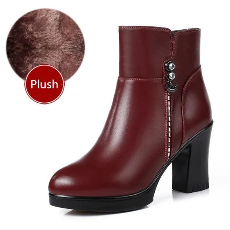 Genuine Leather Winter Women Boots Warm High Heels Ankle Boots Women Thick Wool Warm Snow Boots Woman 2025 Elegant High Heels