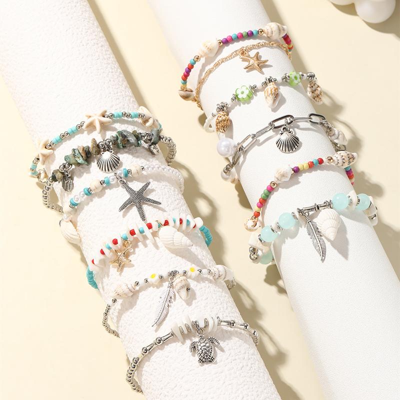 Bohemian Colorful Rice Beads Bracelet For Women Starfish Shell Conch Sea Turtle Pendant Bracelets Summer Beach Charm Jewelry