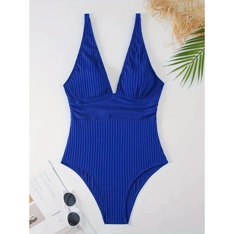 Ribbed Knit Deep V One Piece Swimsuit Tummy Control High Cut Bathing Suit