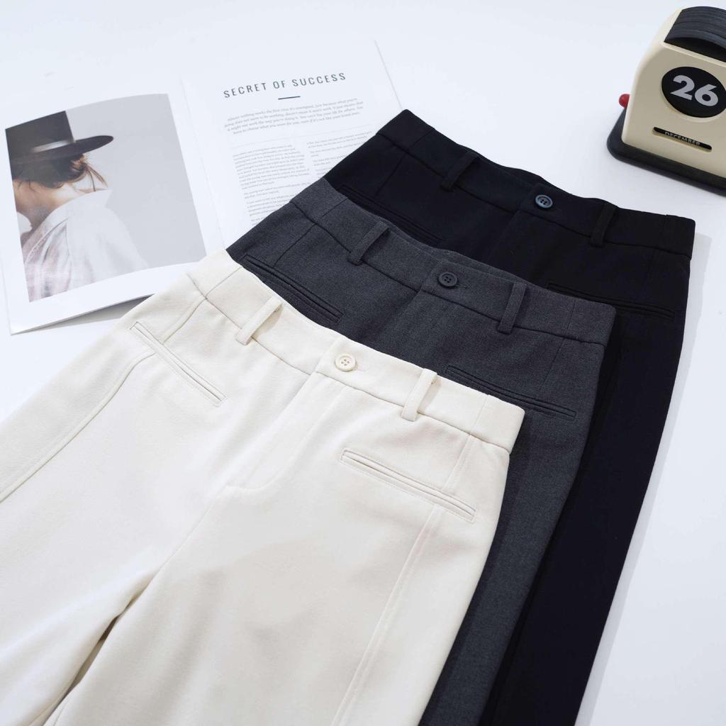 Women's High-Waist Gray Woolen Wide-Leg Pants - Fleece-Lined for Autumn/Winter, Thickened Drape, Narrow Straight-Leg Design