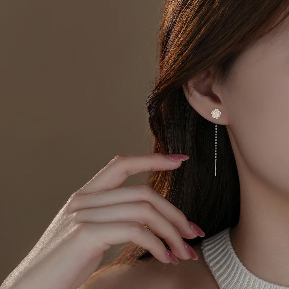 Colorful White Rose Earrings for Women, Light Luxury, High-end, Sweet Tassel Earrings, Elegant Earrings