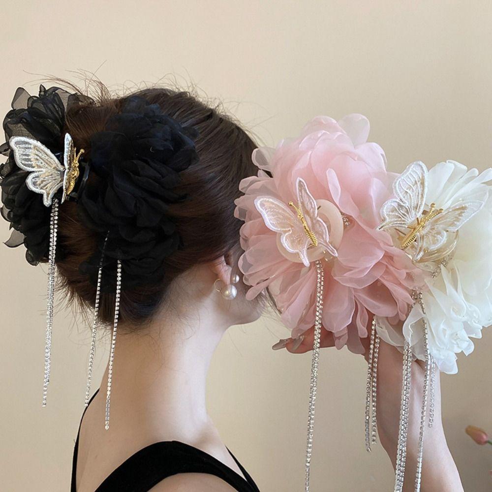 

Rhinestones Long Tassel Hair Clip Large Shark Clip New Hairpin Grips for Girls чорний