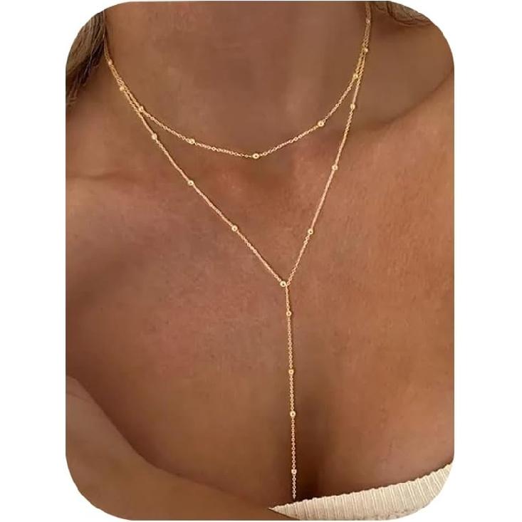 IF YOU Lariat Gold Lange Halsketten für Damen Trendig, Zarte 14K Vergoldete Tropfenkettenhalskette, Mehrlagige Rosenkranz-Perlen Y-Halsketten Schlichte Mode