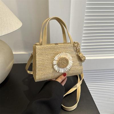 Tendencia de verano 2025: Bolso de Hombro Tejido de PP de Girasol Lindo, Bolso Pequeño Cuadrado Cruzado