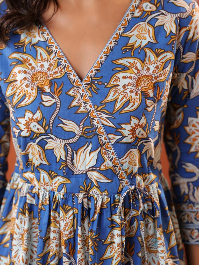 Blue Floral Printed V Neck Cotton Top