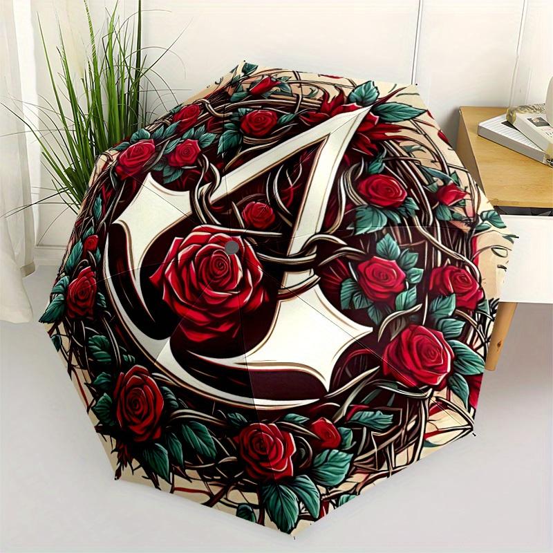 1pc Assassin's Creed Roses Self-Folding Umbrella, 8-Bone Compact Travel Umbrella, Durable Plastic And Iron Frame113