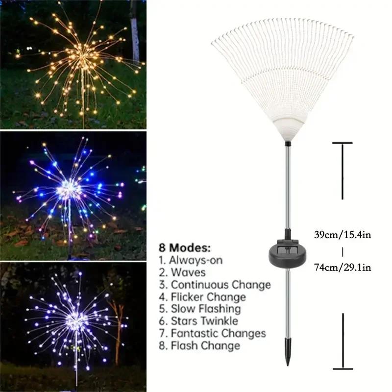 New 8-Modes Solar Firework Lights, 200 LEDs - Multicolor, Warm White, IP65, Ideal for Garden, Patio, Party, Wedding Decor