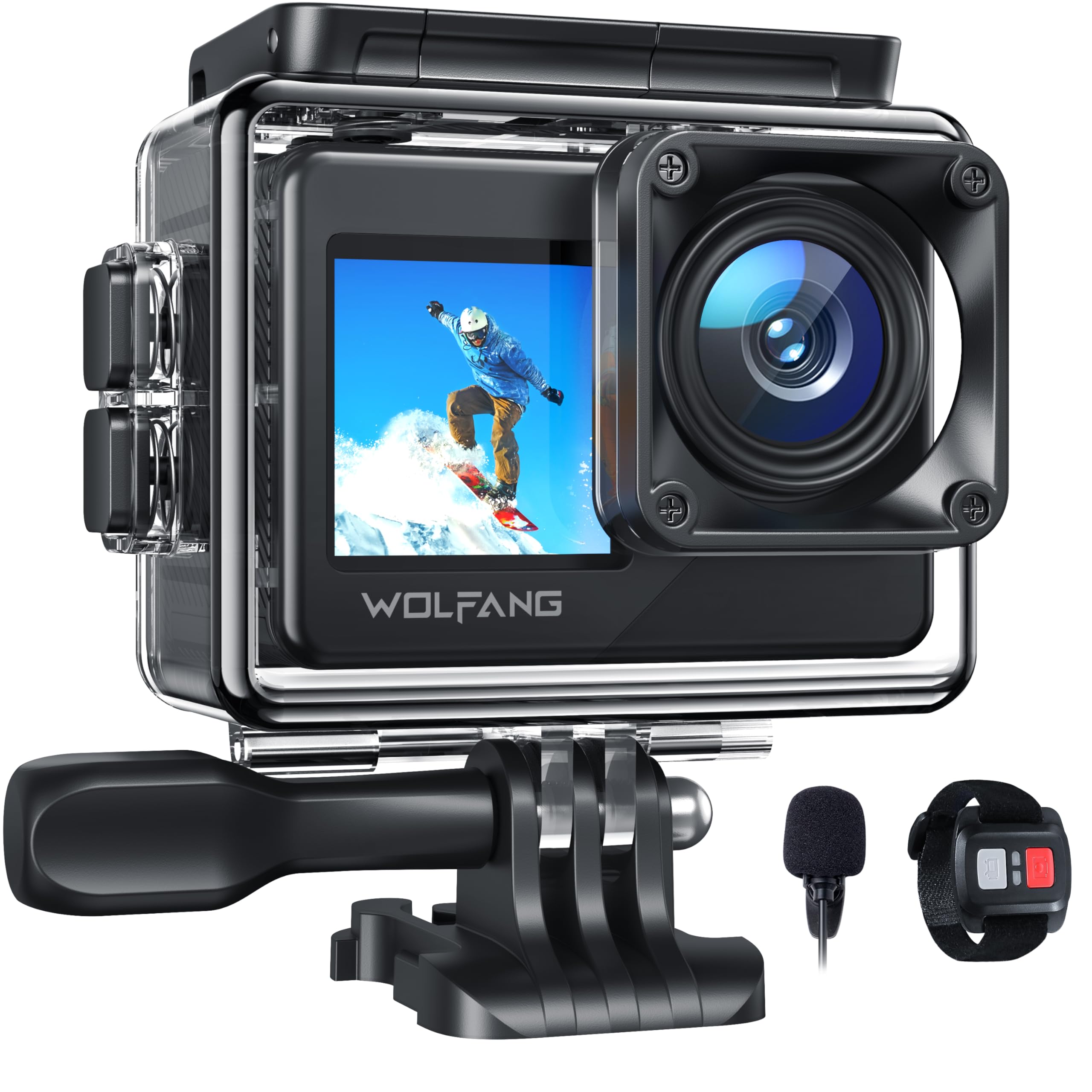 

WOLFANG GA120 Action 4K 20MP Underwater Camera with External 40M HDMI Remote Two 1050mAh Wide Range of Mountable Camera, Wi-Fi, Microphone,