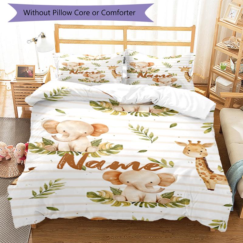 3pcs Custom Name Elephant Giraffe Bedding Set Duvet Cover Closure Includes 1 Duvet Cover & 2 Pillowcases, Soft and Comfortable for All Seasons.