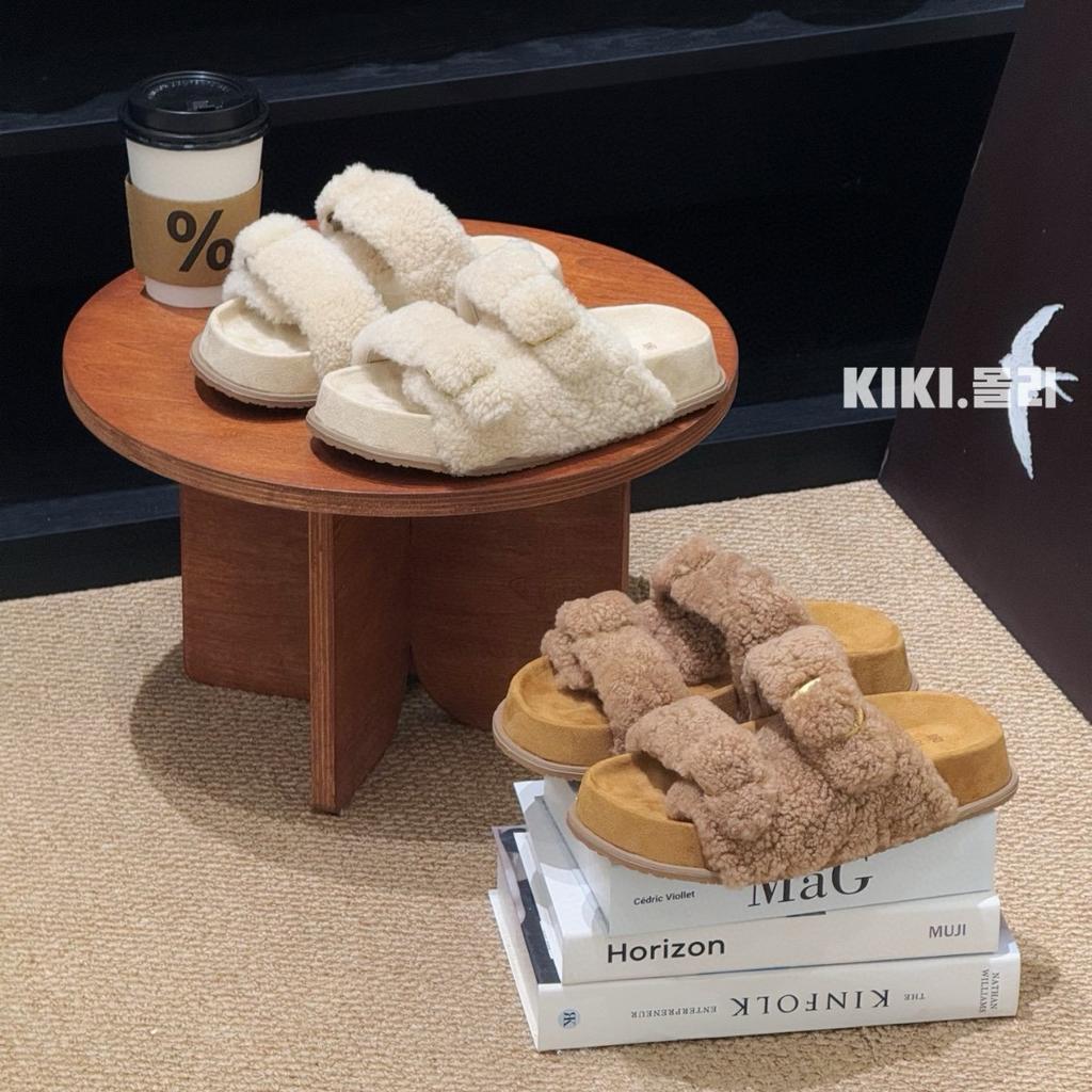 Korean version of gray fluffy slippers women's models in early autumn 2025 new thick-bottomed piled outer wear plush Birkencotton slippers