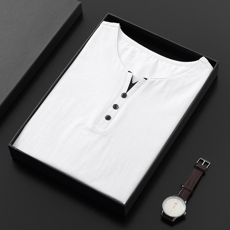 

Мужская приталенная хлопковая футболка с V-образным вырезом - Короткий рукав, Летний тренд 2025, Повседневный топ в корейском стиле 3XL белый