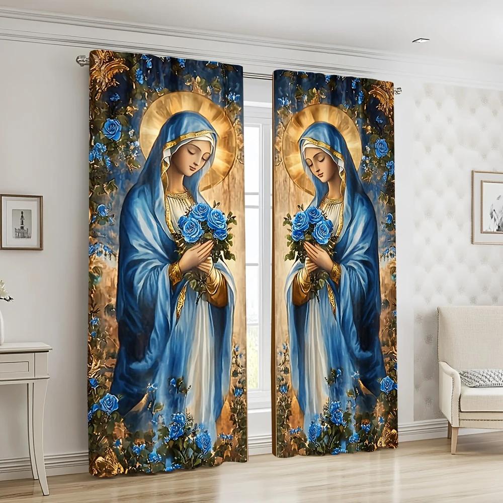 Festival Blue Gold Design Virgin Mary Printed Curtains Home Decoration Room Made Of Polyester