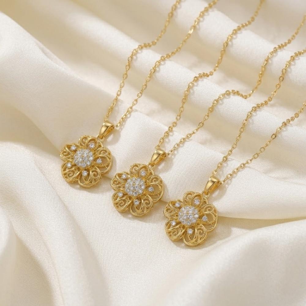 Cute Plant Female White Zircon Stone Flower Skeleton Pendant Necklace Gold Color Wedding Jewelry For Women