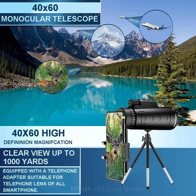 Monocular Telescope 40X60 Powerful High Definition Zoom Low Night Vision Binoculars with SmartPhone Holder For Hunting Camping