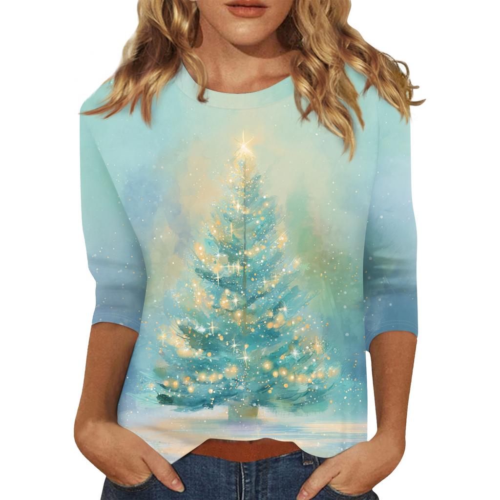 Women's O-Neck 3/4 Sleeve Christmas Print Top