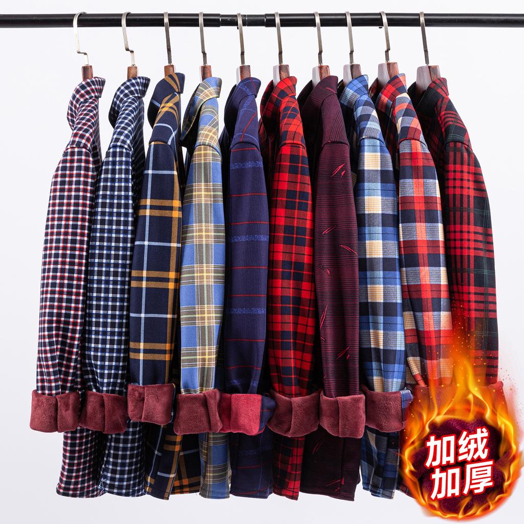 2026 Autumn Winter Men's Fashion Plaid Striped Print Shirts Double-sided Fleece Long Sleeve Thick Warm Shirts Soft Big Size 7XL