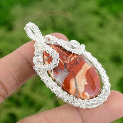 Daughters Day Sale 925 Silver Red Snakeskin Jasper Gemstone Wire Wrap Pendant