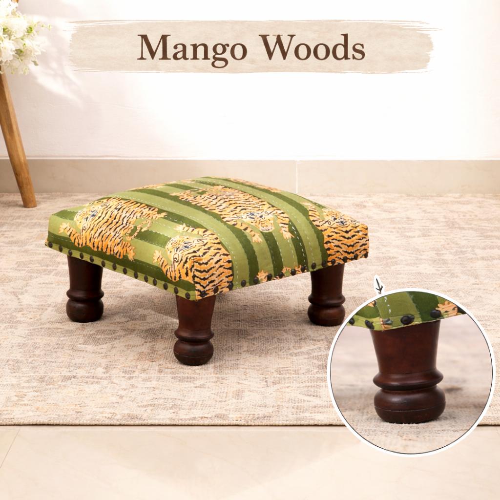Green Jungle Stripes Kantha Foot Stool - Handcrafted Cotton Ottoman with Mango Wood Legs, 40 x 40 x 22.5 cm