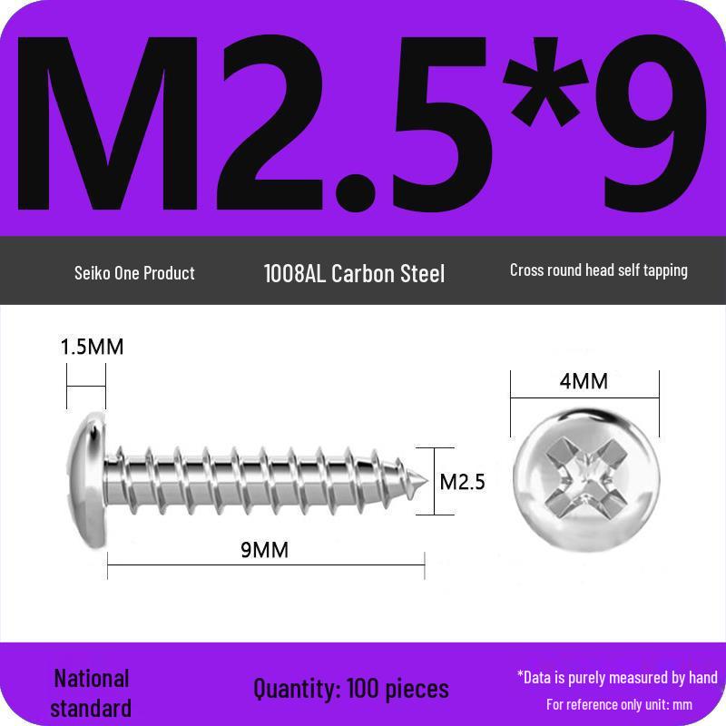 Galvanized Self-Tapping Screws, Round Head, White Zinc, PA Cross Pan, Pointed Tail M1.2-M4