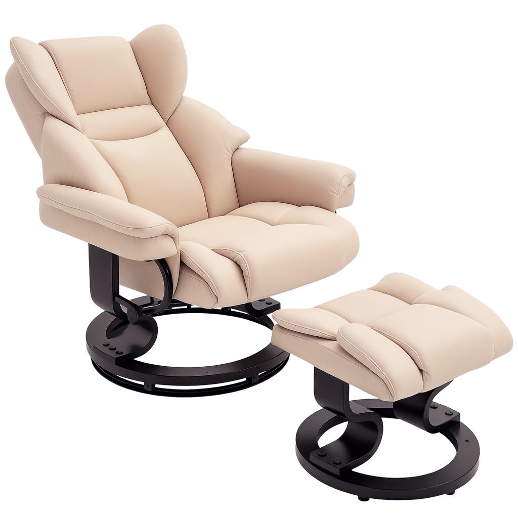 360 degrees Swivel Recliner Chair with Footstool, PU Leather Manual Recliner Armchair with Footstool, Solid Wood Base