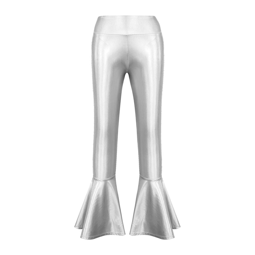 Bronzing Cloth High Waist Flare Trousers Kids Girls Dance Wear Stage Costume Ruffle Hem Bell Bottom Long Pants
