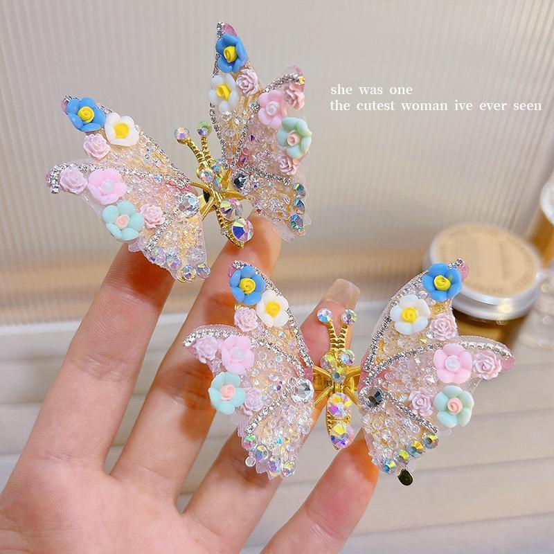 Rhinestone butterfly hairpin hair ornament colorful side clip cute high-end fringe jewelry