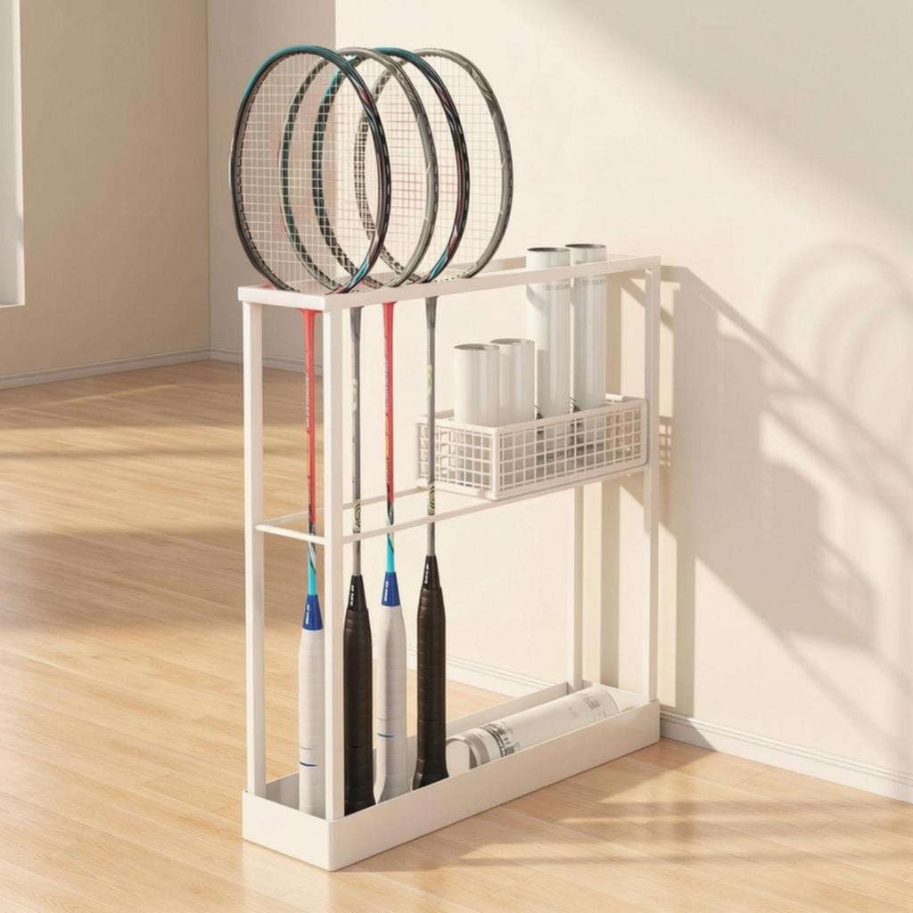Sports Storage Rack with Basket | Floor-Standing, Badminton Racket Holder, for