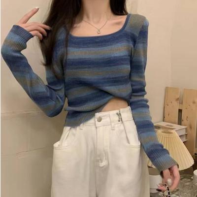 Square-neck Striped Long-sleeved Knitted Base Layer, A New Slimming and Form-fitting Short Top for Women In Autumn and Winter