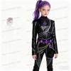 Kpop Demons Hunters Rumi Cosplay Kostyme Parykk Svart Lær Kampdrakt Voksen Kvinner Kåpe Bukser Belte Hansker Halloween Fest