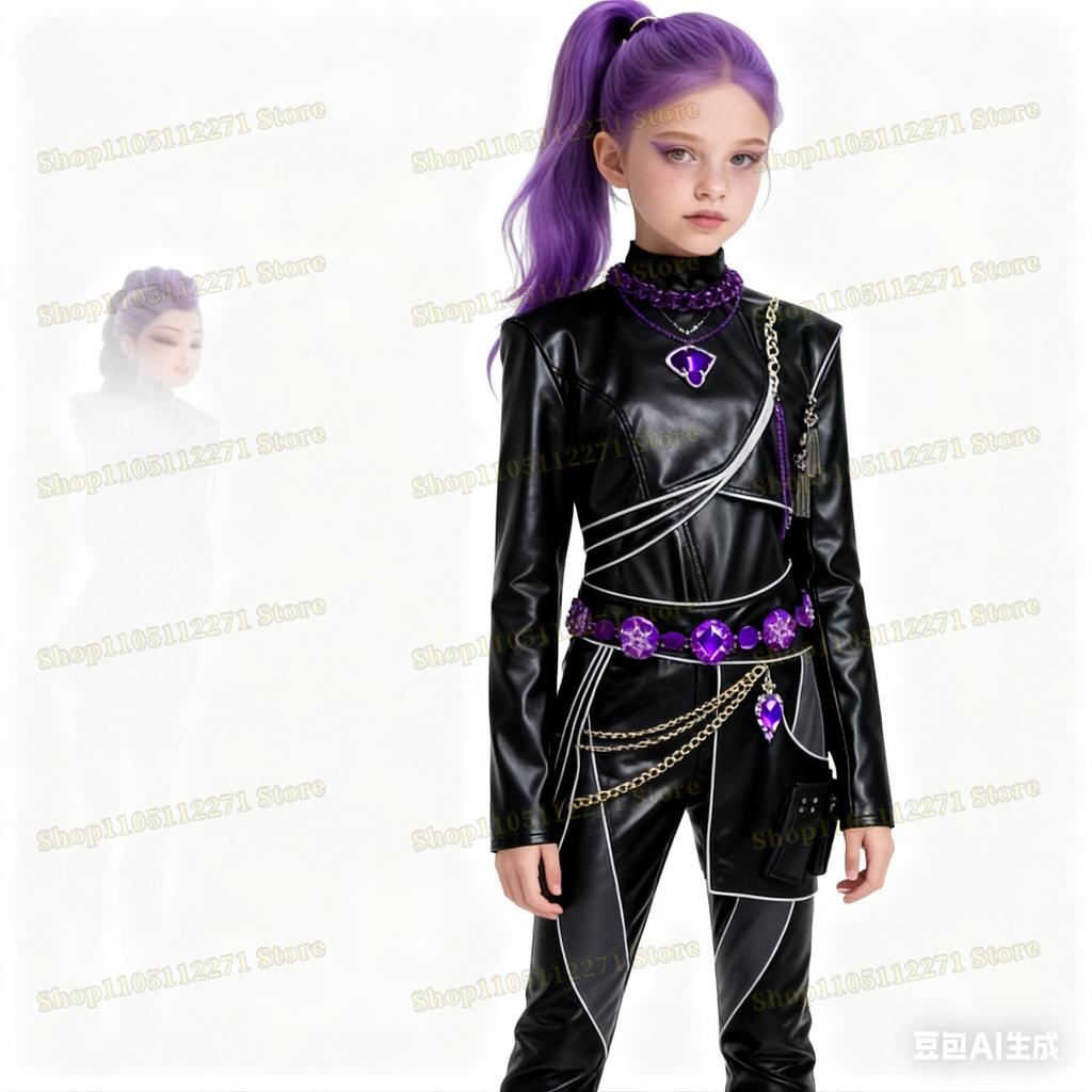 Kpop Demons Hunters Rumi Cosplay Kostyme Parykk Svart Lær Kampdrakt Voksen Kvinner Kåpe Bukser Belte Hansker Halloween Fest