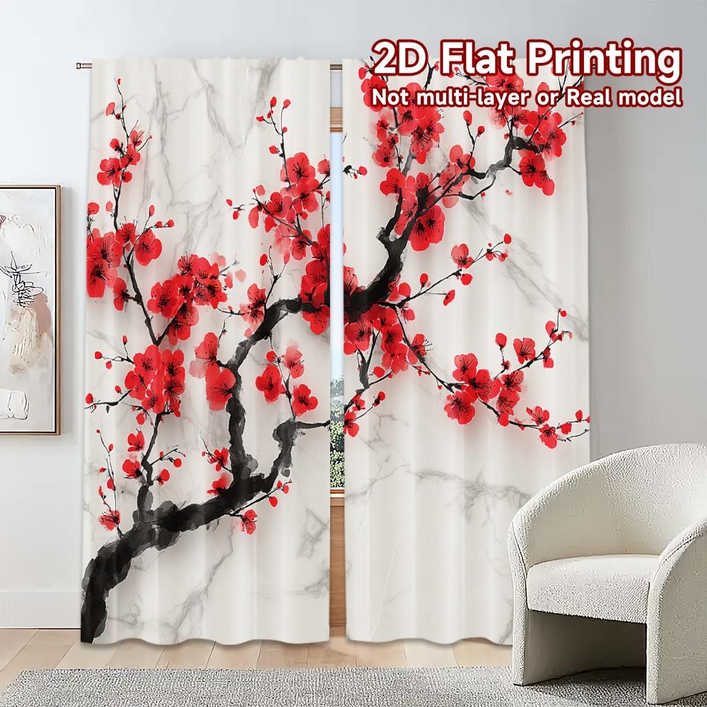 Set Of 2 Modern Flat Printing Jit Curtains Without Rod Cherry Blossom Drapes Pattern Polyester Gifts Curtain
