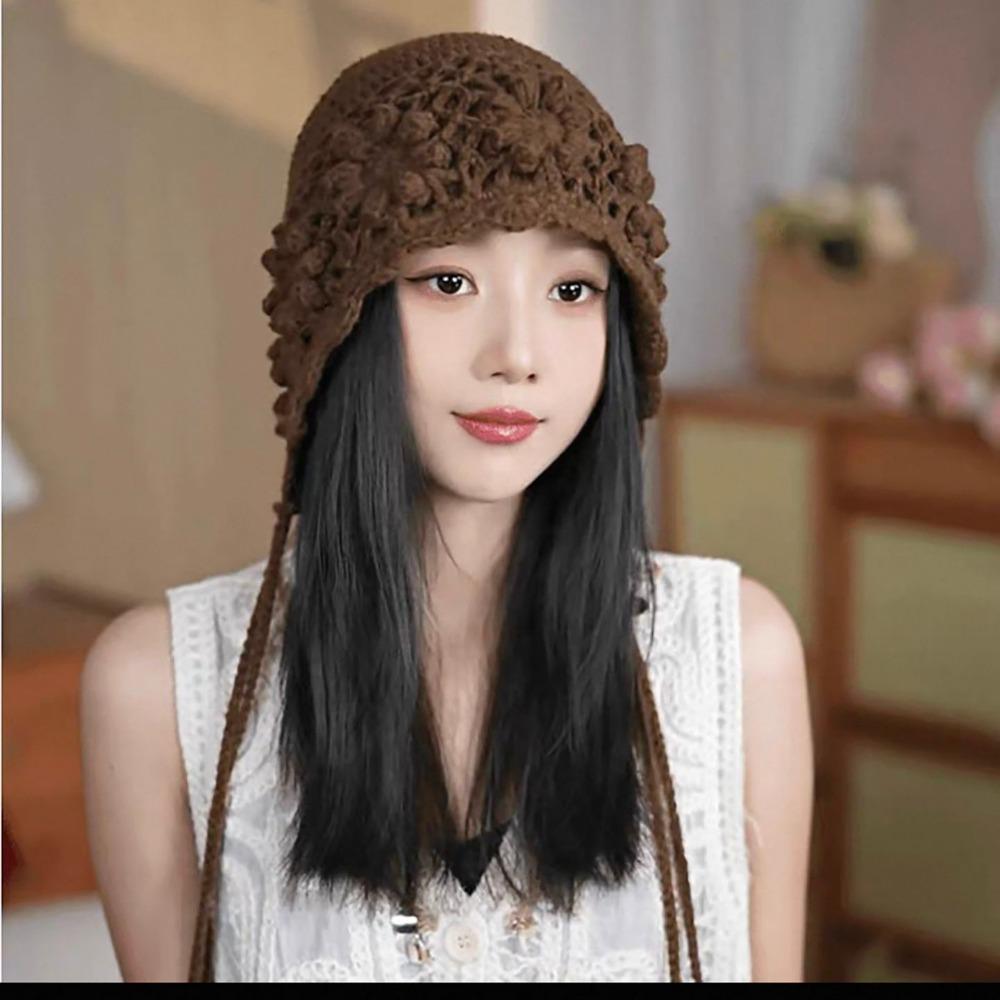 Ladies' Hats New Hand-Knitted Floral Braid Knit Hat for Women Retro Warm and Stylish Fringe Hat Trendy