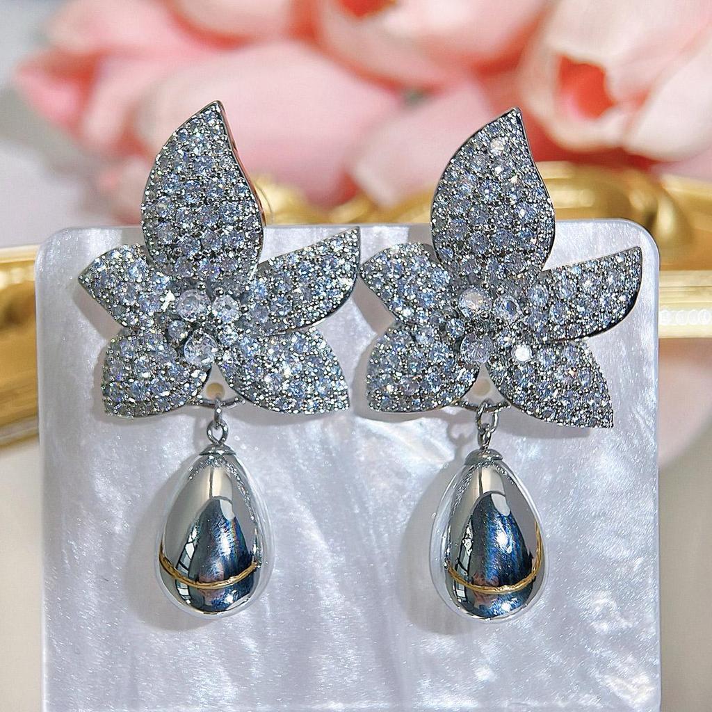 CMM Elegant Bride Gray Artificial Pearl Flower Pendant Earrings Women Party Wedding Dress Accessories Jewelry Gift