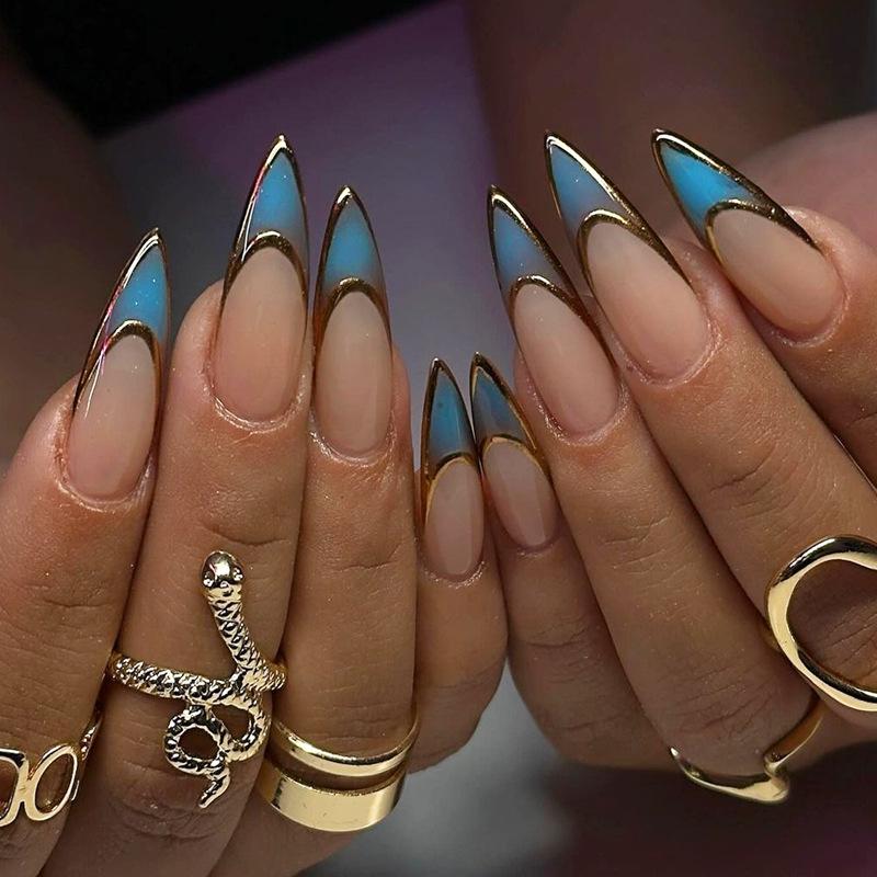

24-Piece 3D French Style Long Metallic Pointed False Nails with Removable Stickers