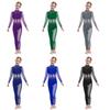 Girls Dance Performance Jumpsuit Full Body Leotard Long Sleeve Mock Neck Mesh Patchwork Keyhole Back Bodysuit