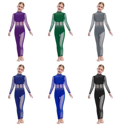 Macacão de Performance de Dança para Meninas Collant de Corpo Inteiro Manga Longa Gola Alta Patchwork de Malha Decote Gota nas Costas